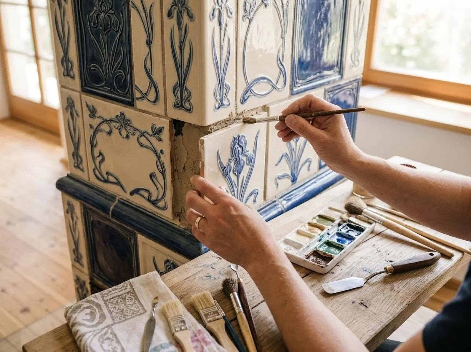 zwei hände, die einen kachelofen mit weiss-blauen traditionellen kacheln raustaurieren