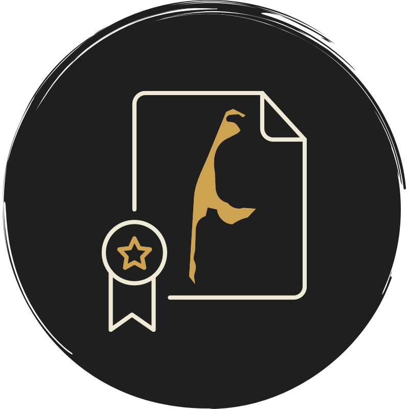 grafisches icon eines blatt papiers mit den umrissen der insel sylt. daneben ein zertifikat