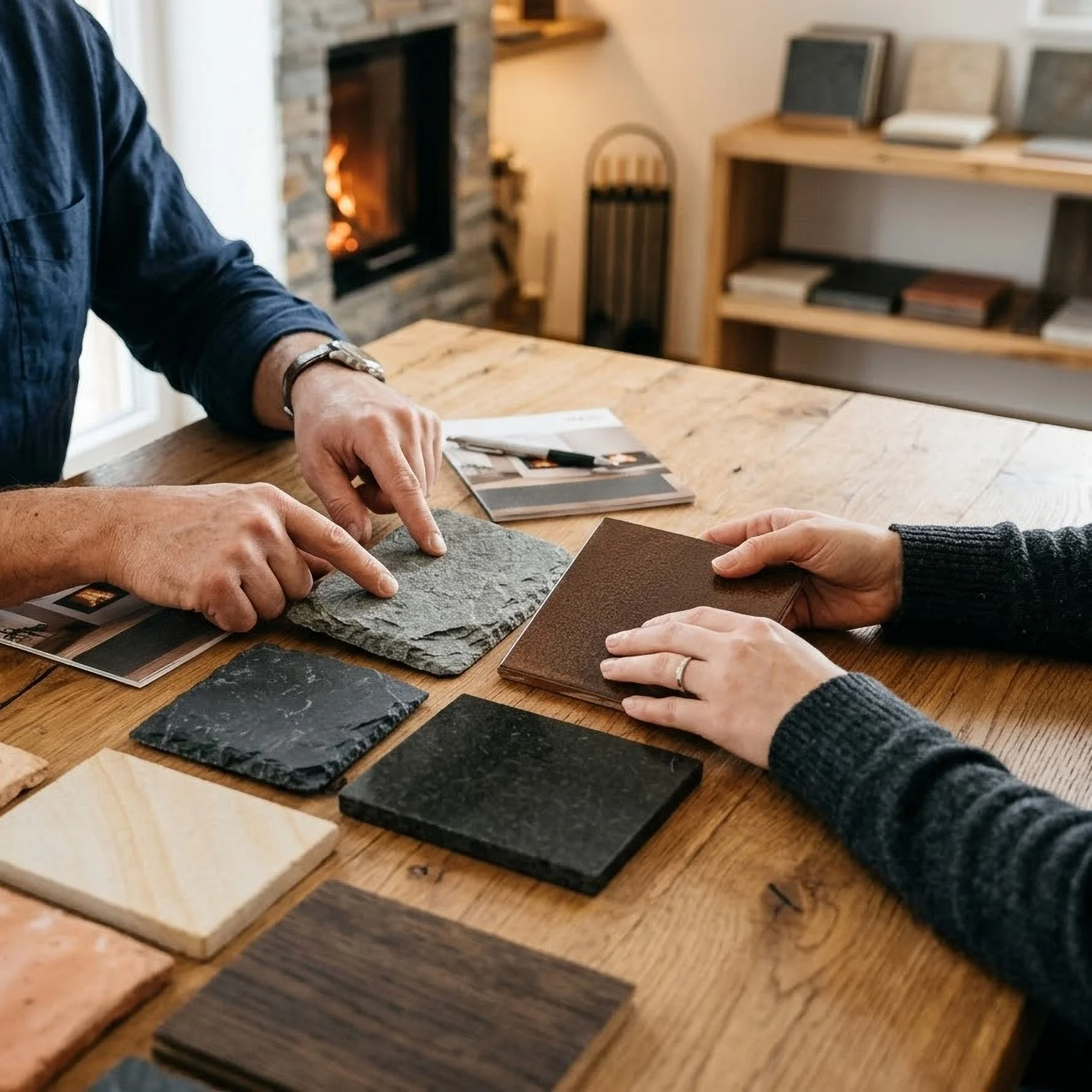 zwei personen die am tisch sitzen und sich materialien für einen kamin anschauen