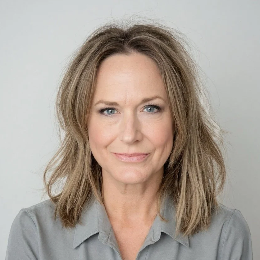 Close-up portrait of a middle-aged woman with shoulder-length wavy blonde hair, blue eyes, and a neutral expression, wearing a light gray collared shirt against a plain light background.