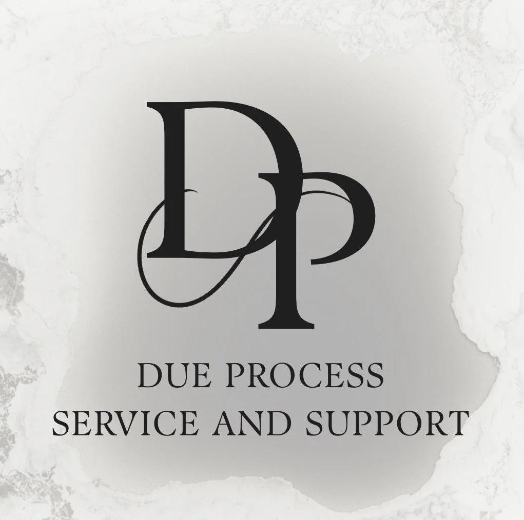 Logo with interwoven letters D and P and text 'Due Process Service and Support' on textured white background