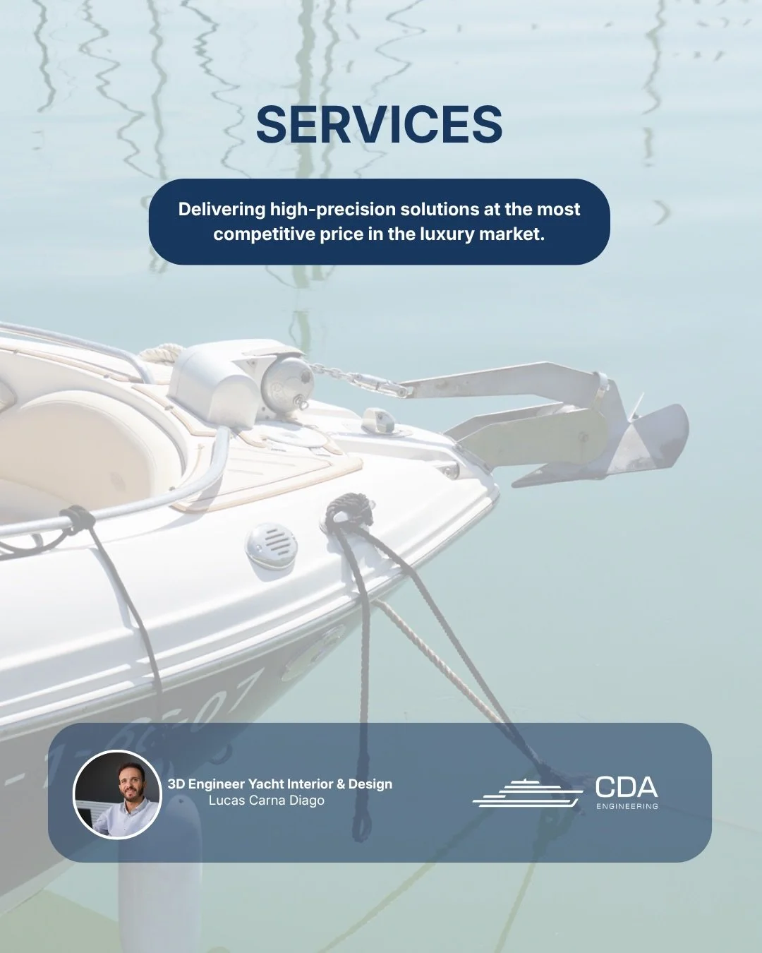 𝗙𝗼𝘂𝗿 𝘀𝗲𝗿𝘃𝗶𝗰𝗲𝘀. 𝗢𝗻𝗲 𝘀𝘁𝗮𝗻𝗱𝗮𝗿𝗱.

Swipe through to see how we work &mdash;
from first sketch to final sea trial.

3D Engineering. Yacht Refits.
Interior Design Consulting. Charter.

Whichever stage your project is at, we&rsquo;re r