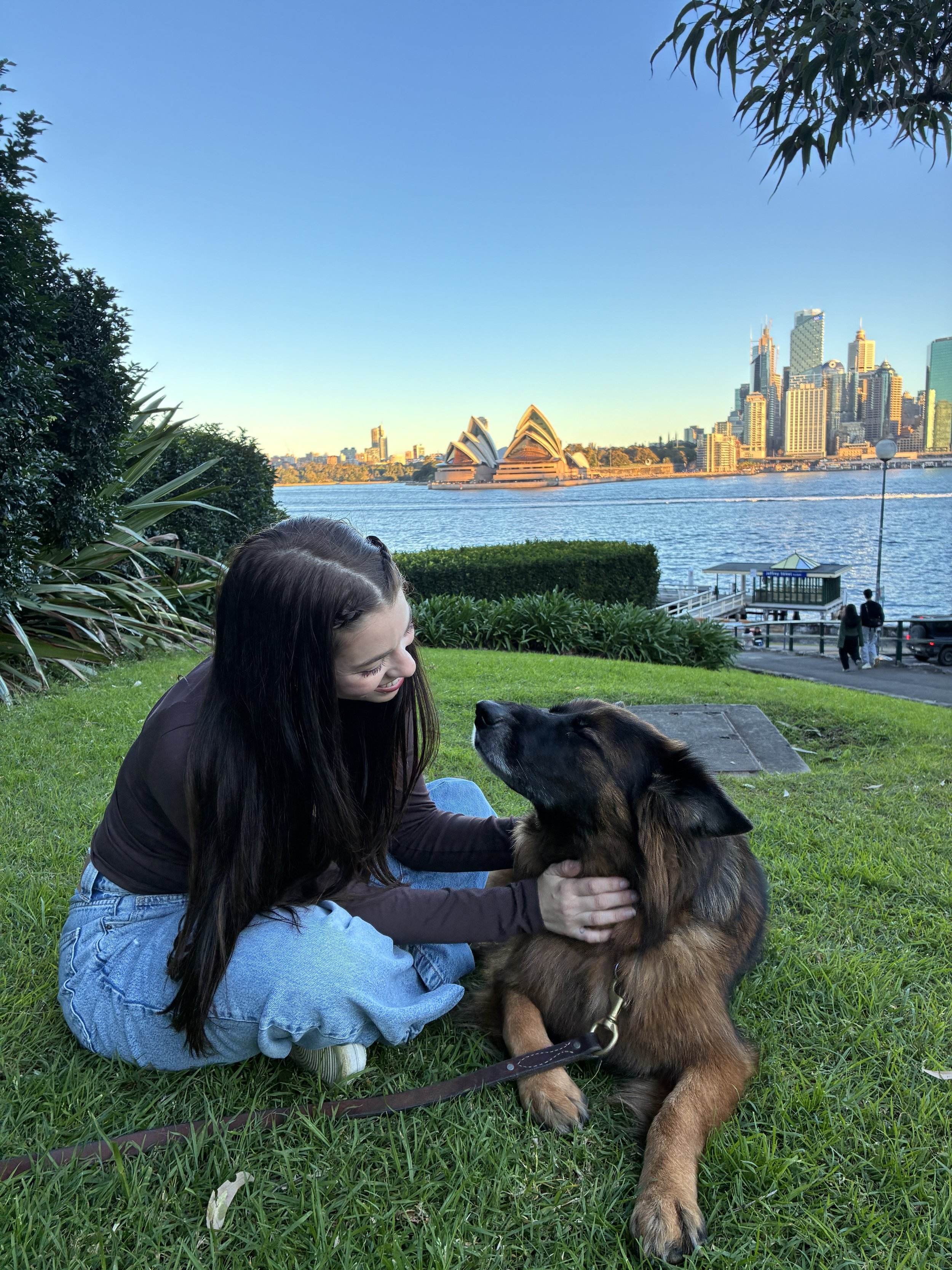 A young woman with long dark hair smiling and sitting on grass, petting a large, fluffy dog with a mountain of hair around its face, in a park with trees and the Sydney Opera House and skyline in the background on a clear day.