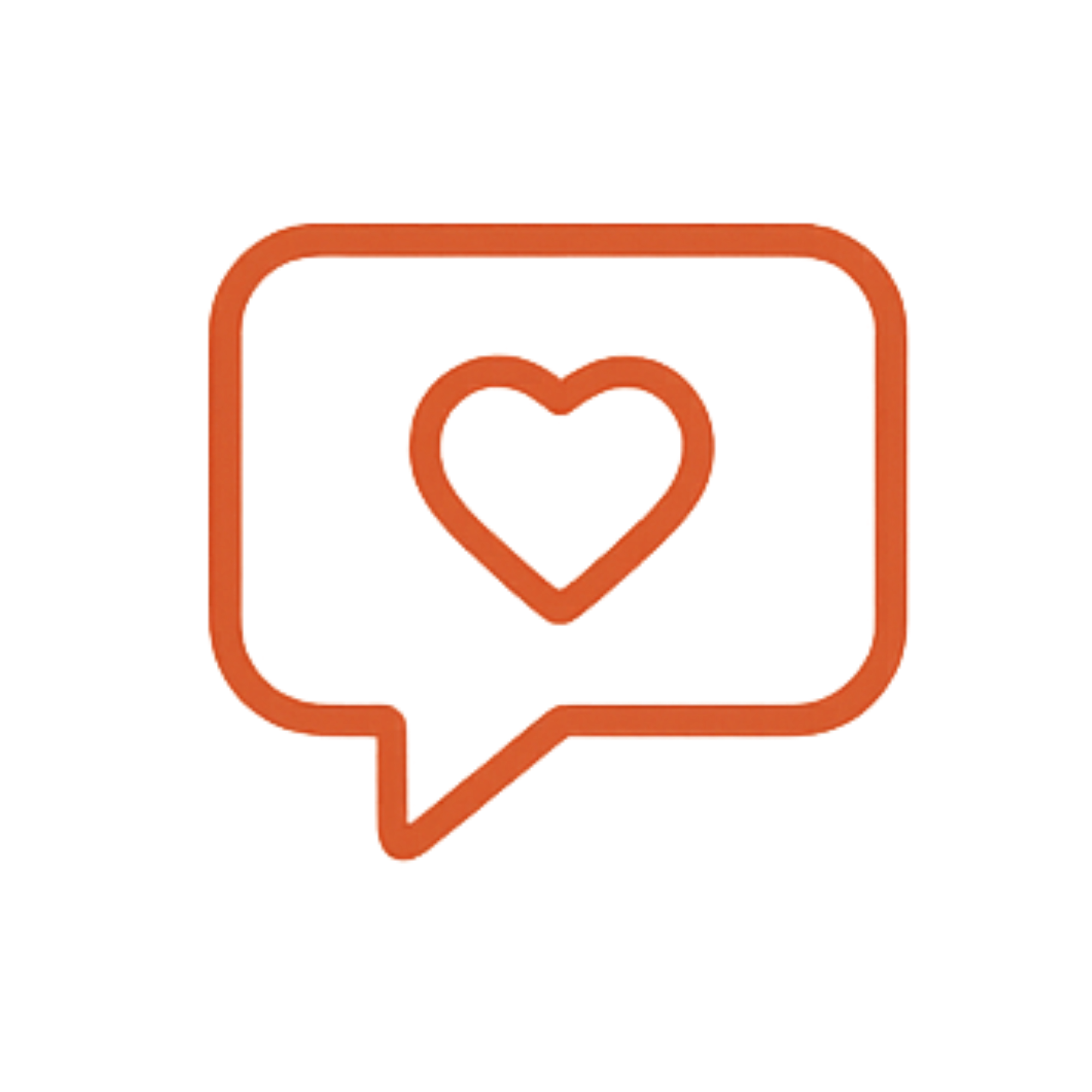Red outline of a speech bubble with a multicolored heart inside.