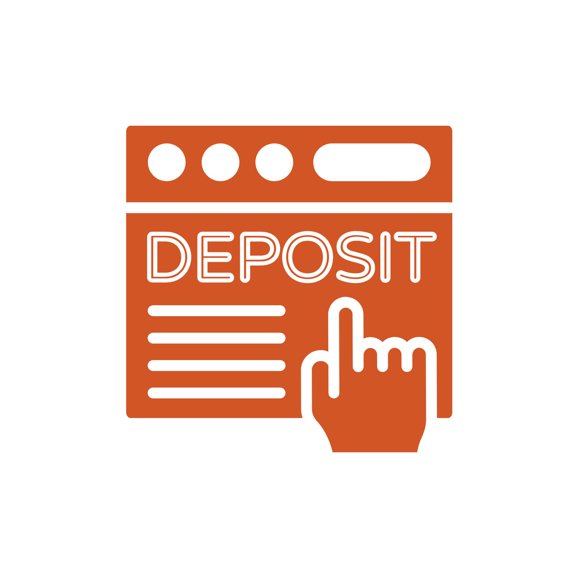Orange warning sign with the word 'DEPOSIT' and a hand pointing to it, indicating a deposit area or instruction.