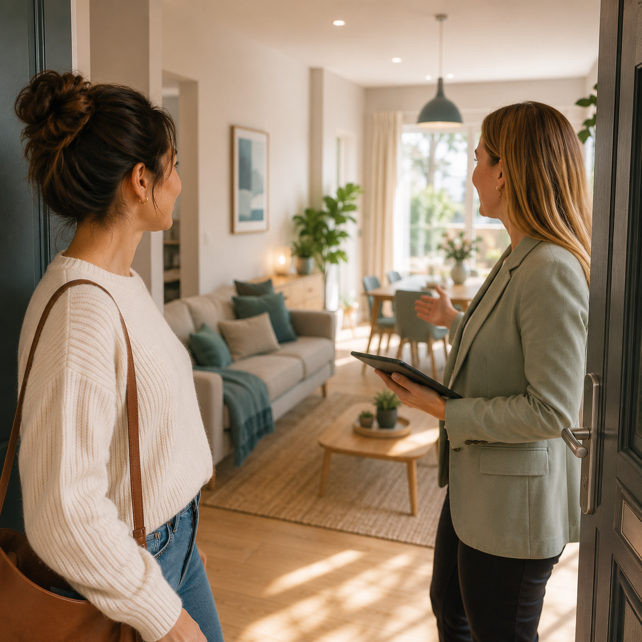 A real estate agent showing a house to a potential buyer. The agent is holding a tablet and explaining features of the home, which has a bright, modern living room with a sofa, cushions, a coffee table, and large windows.
