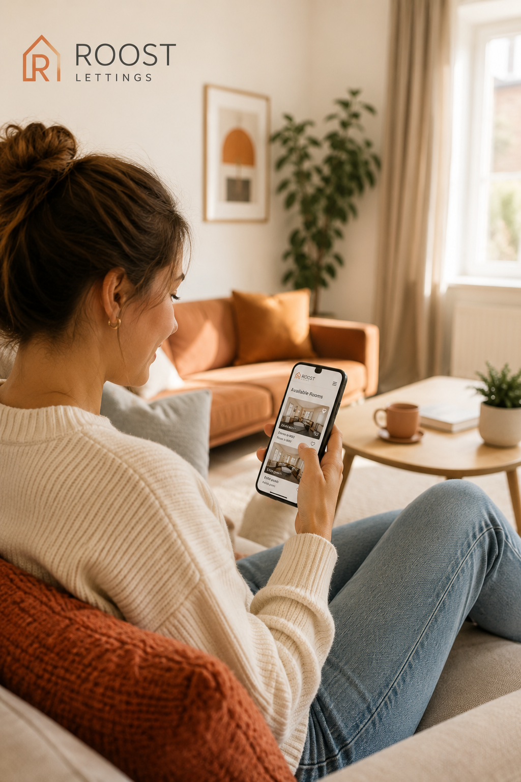 Woman sitting on a beige couch looking at her phone, browsing rental listings on Roost Lettigs app in a cozy living room with a tan couch, wooden coffee table, books, coffee mug, and plant near a large window.