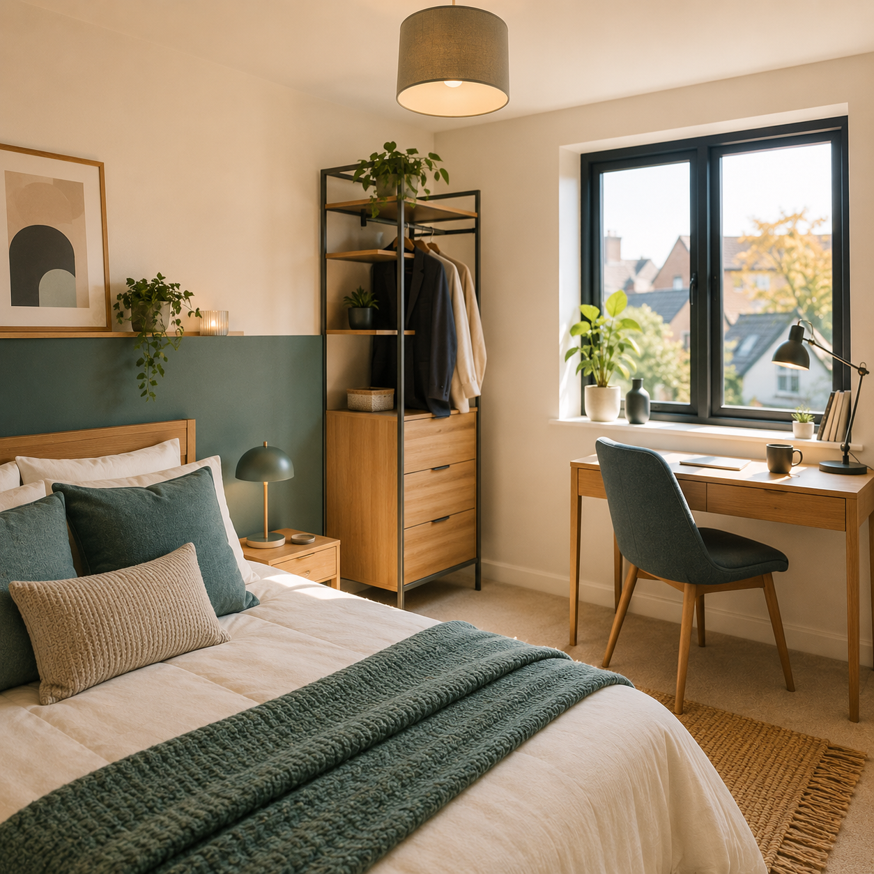 A cozy bedroom with a bed, pillows, and blankets, a nightstand with a lamp, a clothing rack with jackets, a desk with a chair and a lamp, and a window with a view of trees and houses.