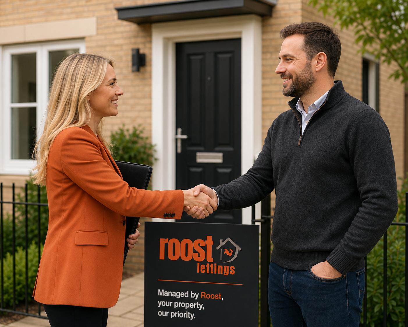 two people shaking hands outside of a property.