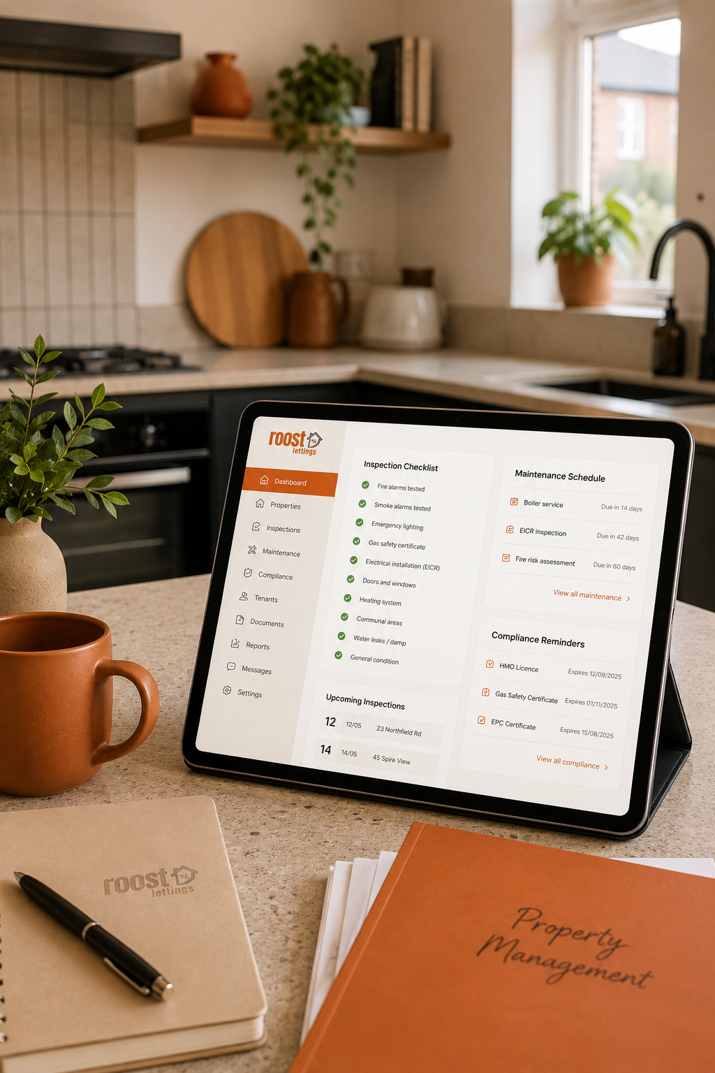 Tablet displaying property inspection checklist app on kitchen countertop. Nearby are a brown mug, a cream notebook with a pen, and an orange property management report. In the background, kitchen with pots, shelves, plants, and window.