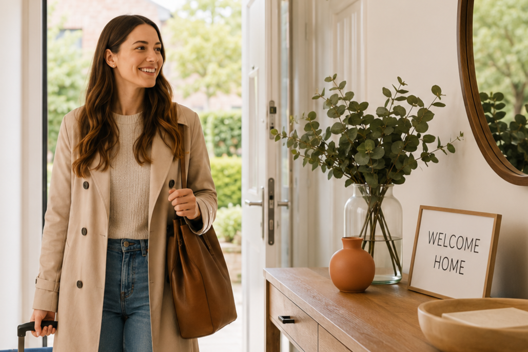 A woman standing inside a home near the front door, smiling and holding a brown handbag, with a small suitcase handle visible. The entryway has a wooden table with a large glass vase filled with green eucalyptus branches, a small terracotta vase, a framed 'Welcome Home' sign, and a round mirror on the wall.