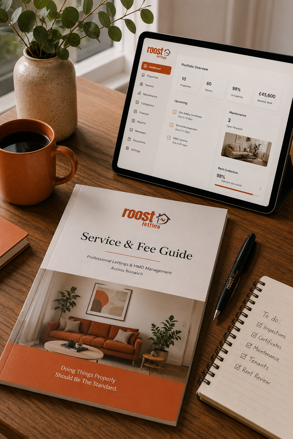 A workspace with a tablet displaying a property management dashboard, a coffee mug, a potted plant, a service and fee guide booklet, a pen, and a notepad with a to-do list.