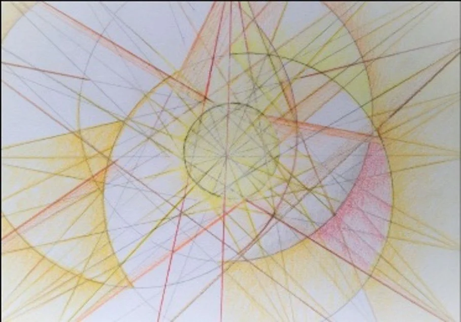 Colorful geometric spiral sketched with colored pencils on white paper.