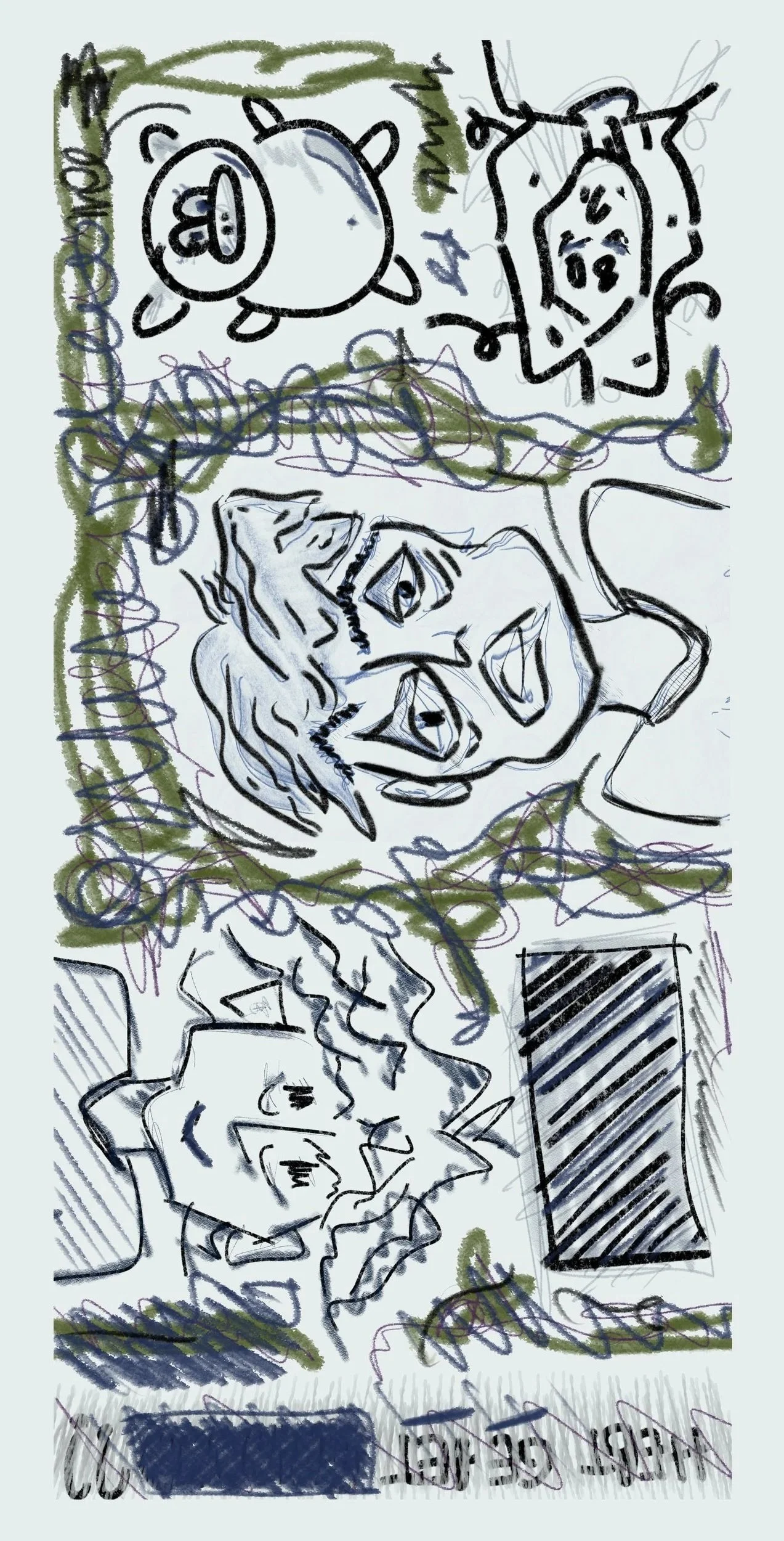 Colorful, abstract drawing of various ideas and objects including a pig face with a coin, a human face, and overlapping scribbles and shapes.