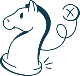 Line drawing of a dog-shaped chess piece, the knight, with a stylized mane, smiling face, and a cod hooked to its back.