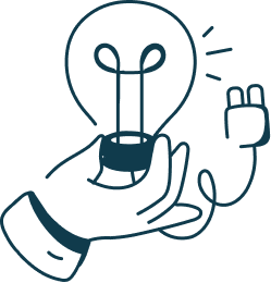 A line drawing of a light bulb with a smiling face, holding an electrical plug.