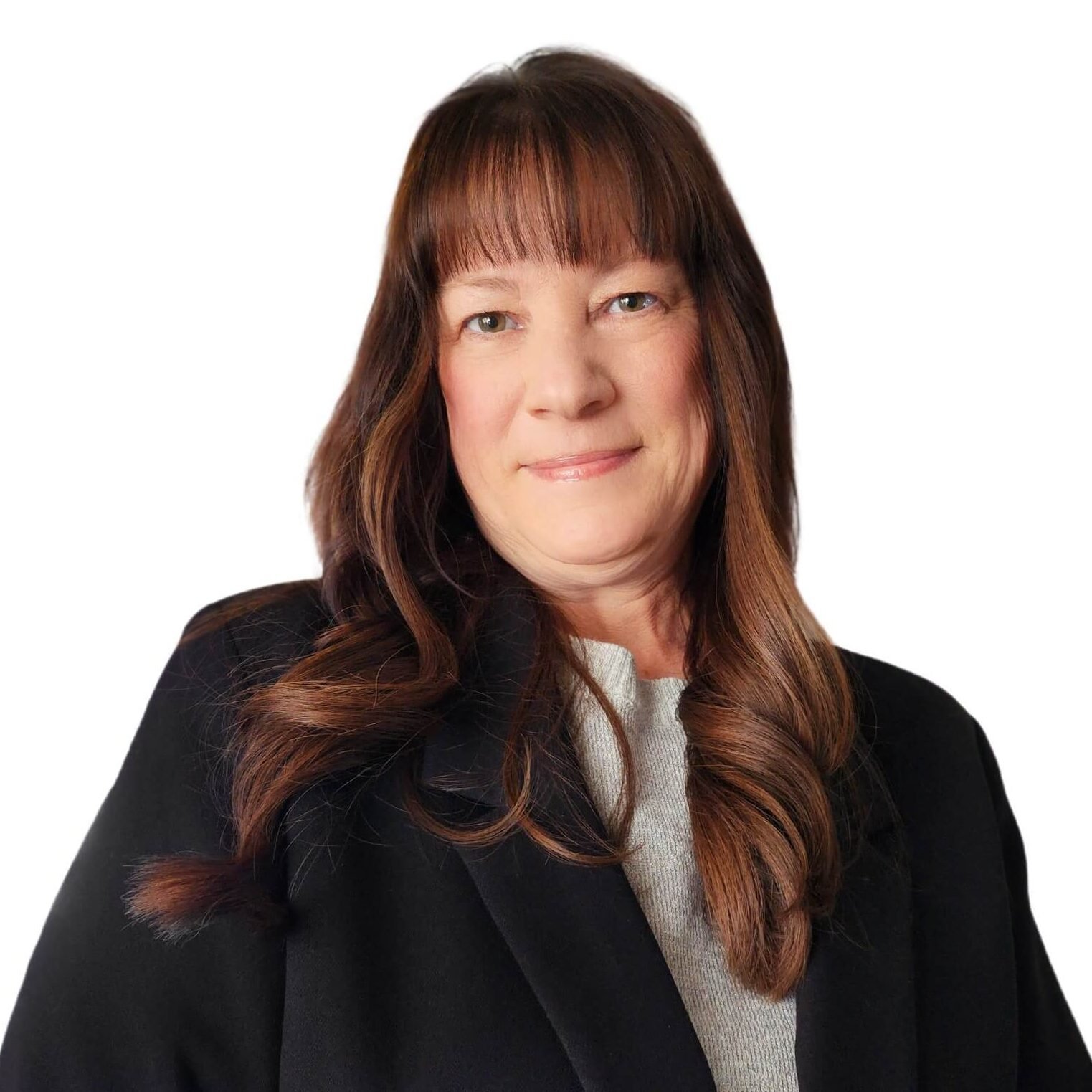 A woman with long brown hair dressed in a black jacket, showcasing a modern and sophisticated appearance.