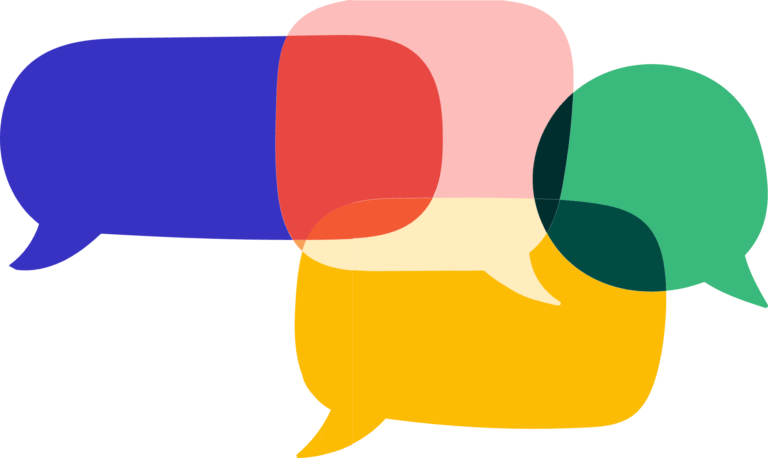 Illustration of four overlapping colourful speech bubbles in blue, red, yellow and green, representing conversation and communication