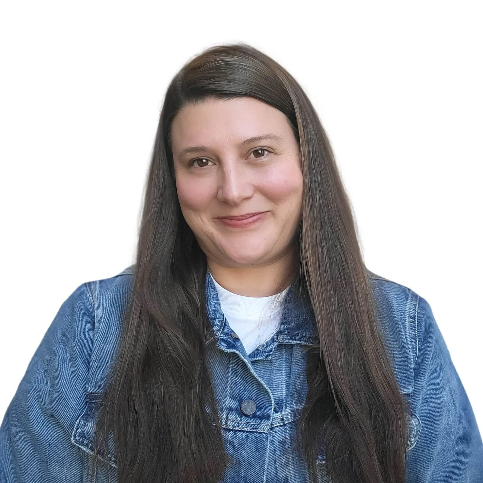 A woman with long brown hair is wearing a denim jacket over a white shirt. They are smiling and have a plain white background behind them.
