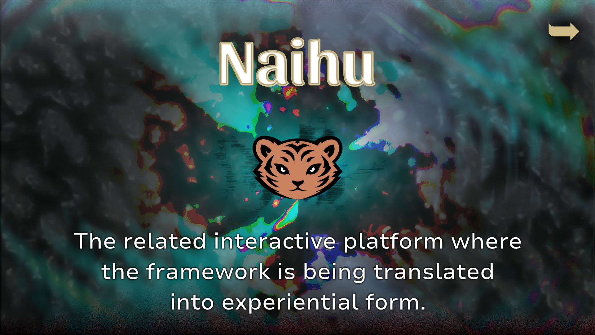 Naihu project card with a tiger symbol over a dark teal abstract background, describing the related interactive platform where the framework is translated into experiential form.