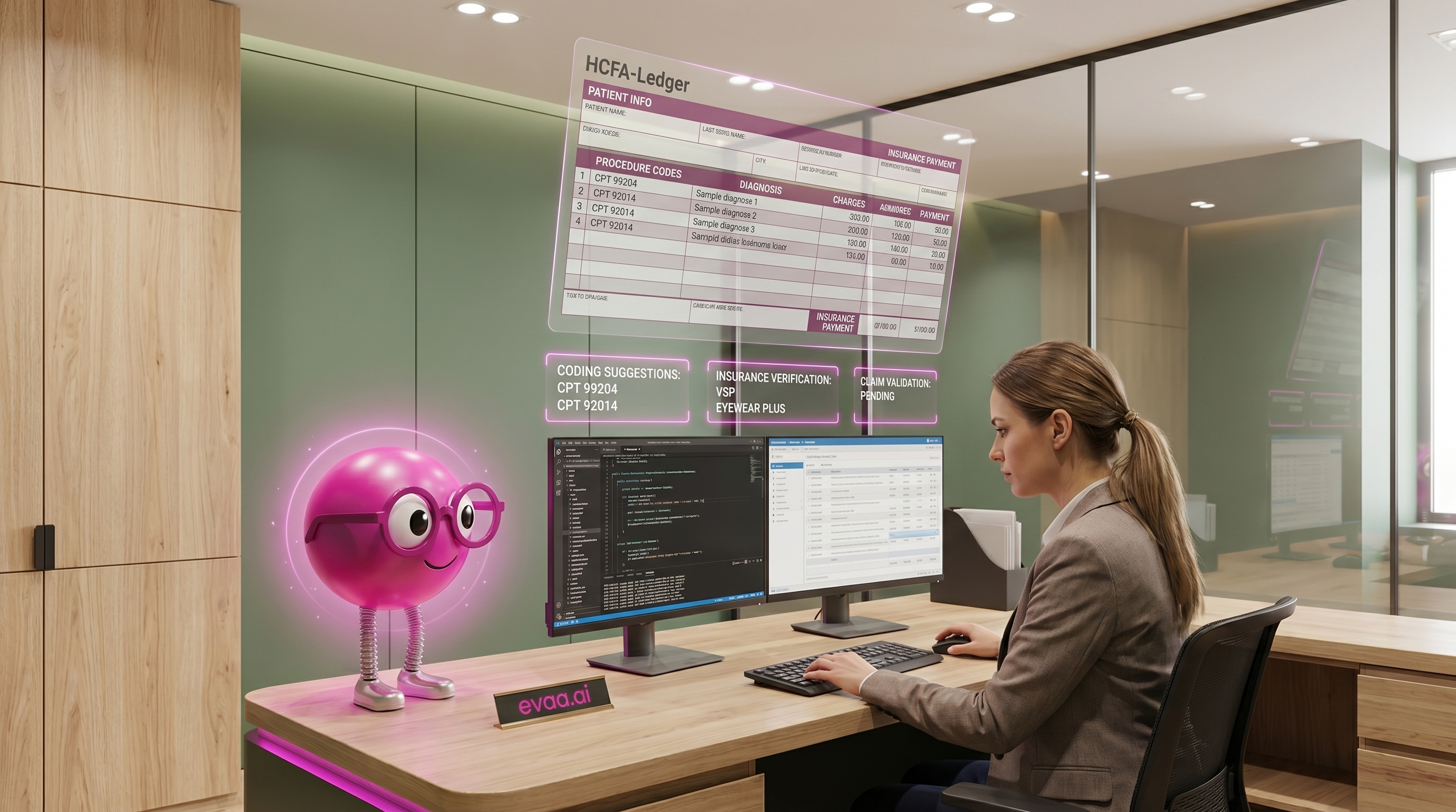 Healthcare administrator using EVAA Fast Pay AI for insurance verification, claims processing, coding recommendations, and faster reimbursement management.
