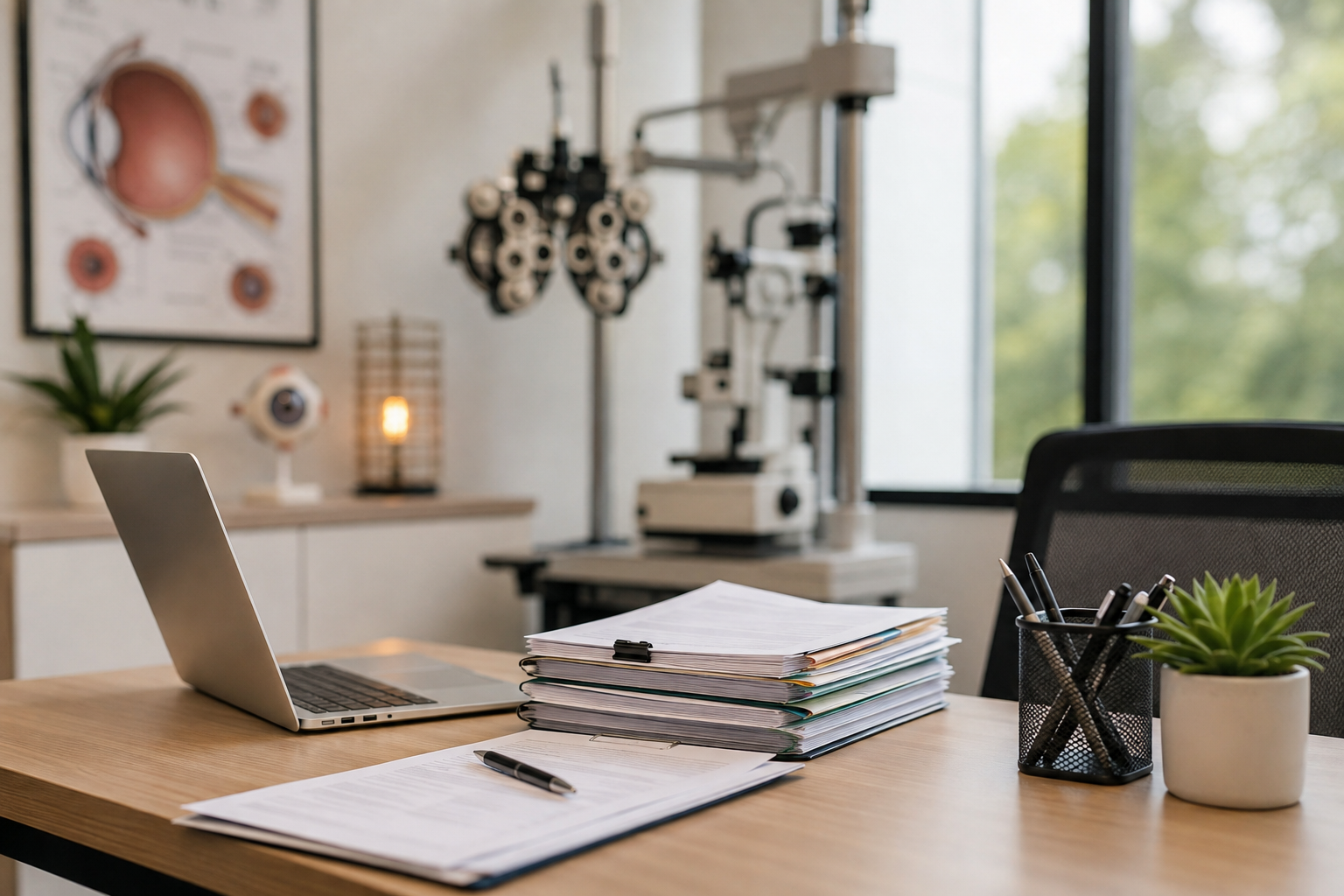 Credentialing paperwork and laptop in a modern eye care practice