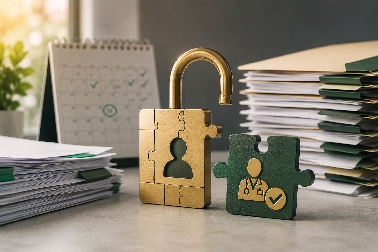 Credentialing revalidation concept featuring an open puzzle-piece lock, provider verification icon, calendar, and organized healthcare paperwork.