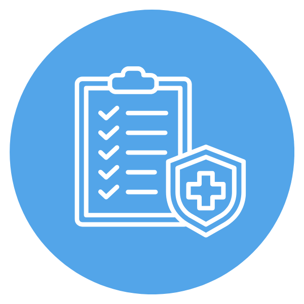 Icon of a clipboard with checkmarks and a shield with a medical cross, representing health or medical insurance.