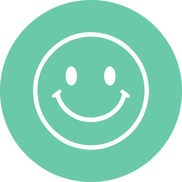 Smiley face icon with a happy expression on a green circular background.