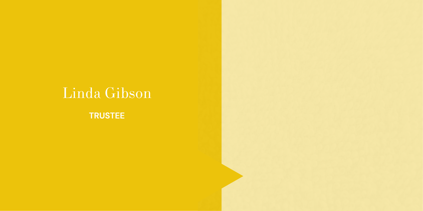 Nameplate with the name Linda Gibson, titled 'TRUSTEE' in white text, on a yellow and beige background.