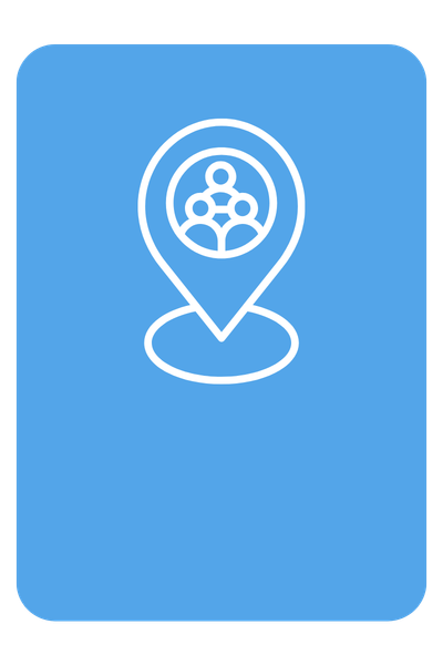 Blue app screen with a location pin icon containing a group of people inside.