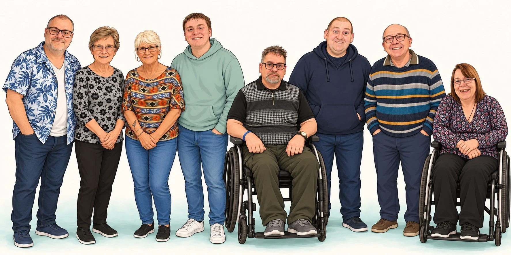 Group of nine people standing and sitting, including two in wheelchairs, smiling in front of a white background.