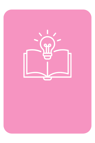Pink background with a white line drawing of a light bulb above an open book.