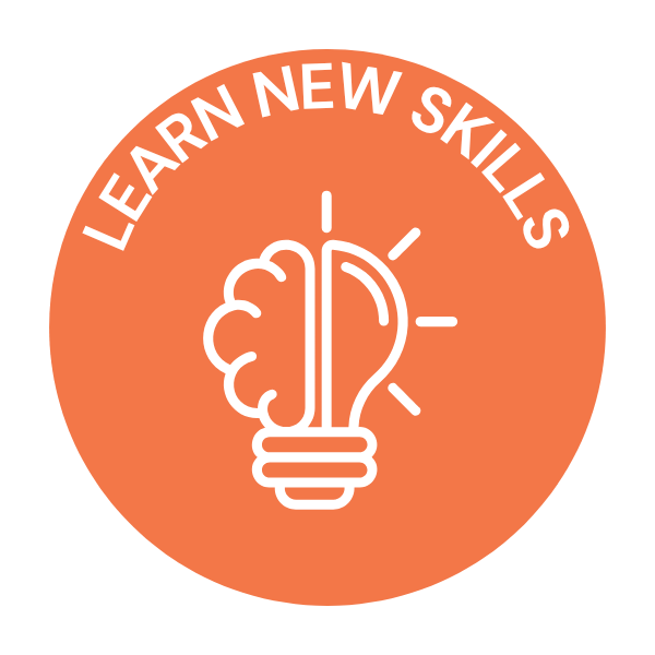 Orange circular badge with the text 'LEARN NEW SKILLS' around the top edge. Centered icon of a brain and a light bulb combined, indicating creativity and learning.