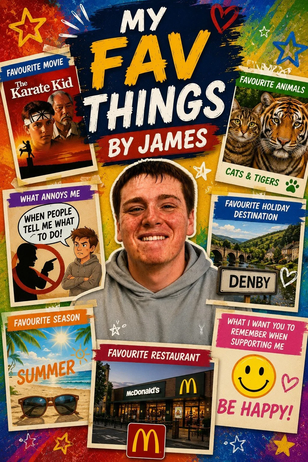 A collage-style sign with the title 'My Fav Things by James'. It includes photos and illustrations of favorite movies, animals, holiday destinations, seasons, restaurants, and personal quotes, along with a smiling young man in the centered photo and 