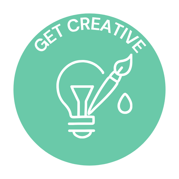 A mint green circular badge with the text 'GET CREATIVE' at the top, featuring a white outline of a light bulb with a paintbrush crossing through it and a paint drop beside it.