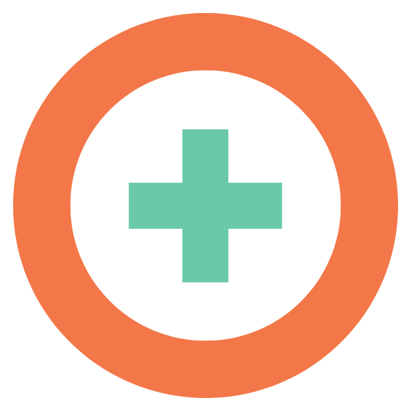 Medical or healthcare symbol with a teal plus sign inside an orange circle