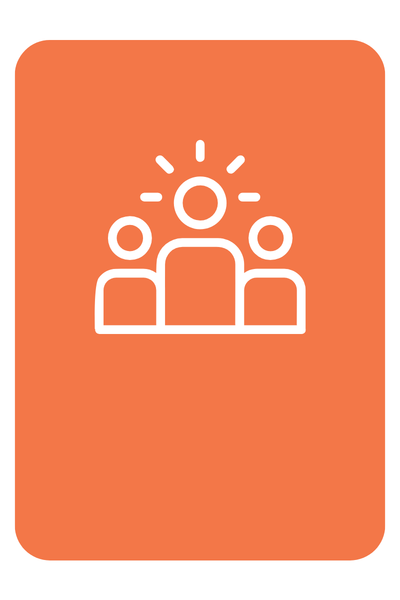 Icon of a person speaking in front of two others, with lines indicating light or ideas, on an orange background.