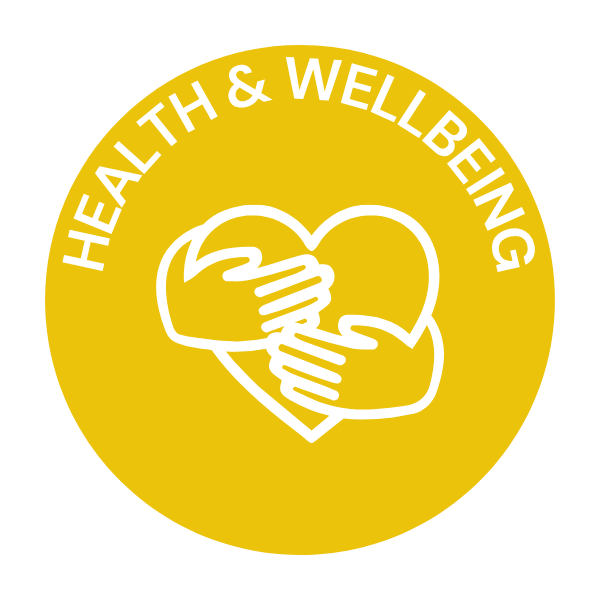 Yellow circular logo with white text 'Health & Wellbeing' and an illustration of two hands clasped around a heart.
