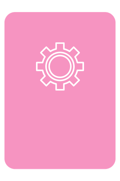 Pink notepad with white gear icon on the cover.