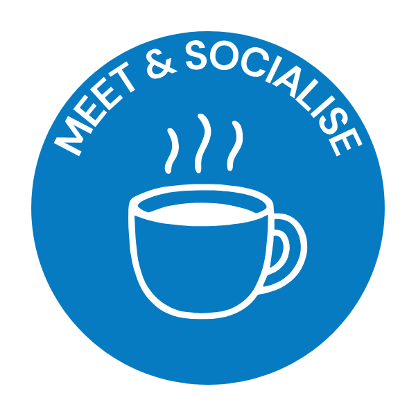 Blue circular logo with white outline of a steaming coffee cup and the text 'Meet & Socialise' around the top.