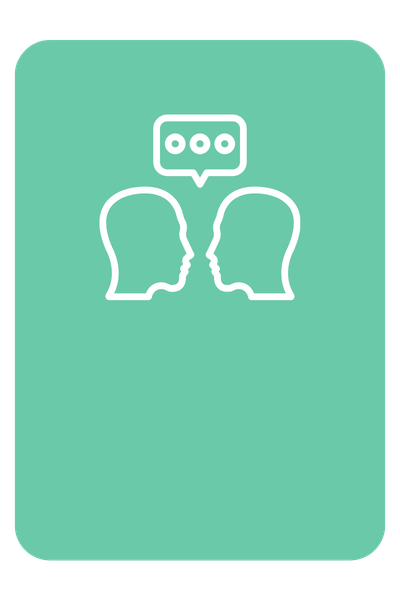 Outline of two people facing each other with speech bubble containing three dots above them, representing conversation or communication.