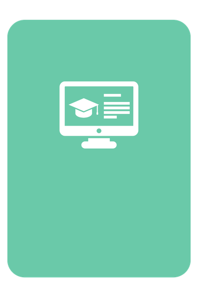 Icon of a computer monitor displaying a graduation cap and text, representing online learning or education.