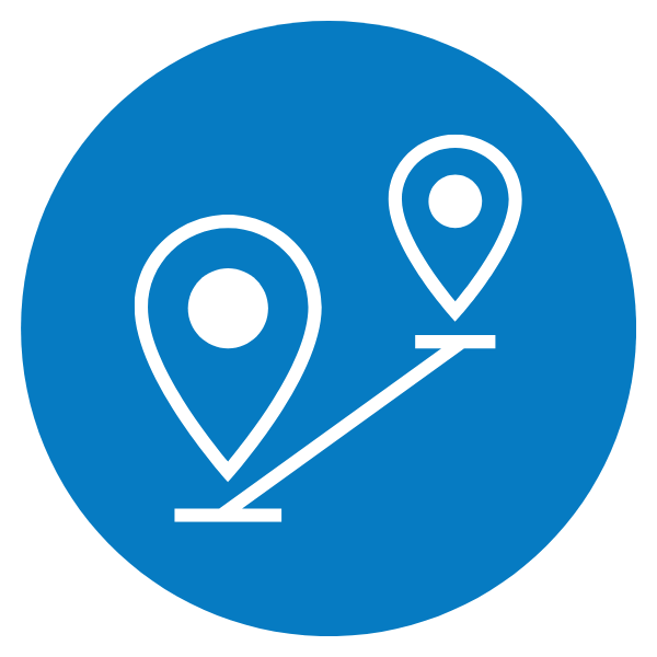 Icon of two location pins connected by a line, representing distance or route.