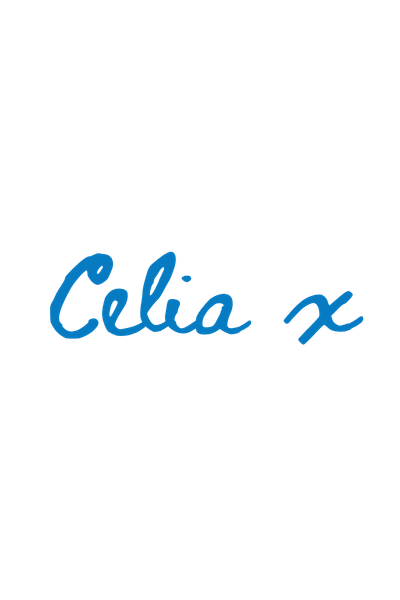 Stylized text with a flower, the name 'Celia,' and a small 'x' in blue.