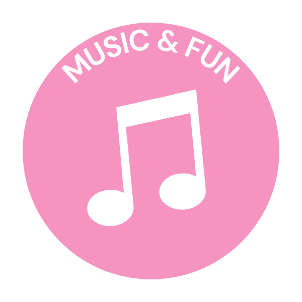 Pink circular icon with white musical note and the text 'Music & Fun' at the top.