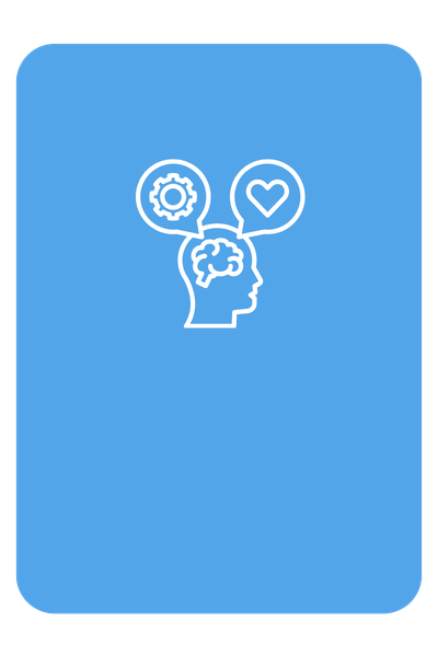 Outline of a human head with a brain, a gear, and a heart inside thought bubbles on a blue background.