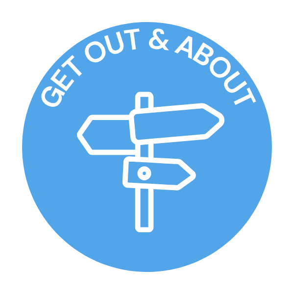 Blue circular badge with a white signpost icon and the text 'GET OUT & ABOUT' around the top edge.