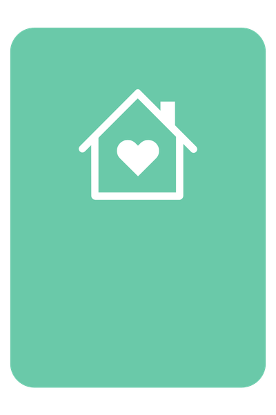 A teal mobile app screen with a white outline of a house and a heart inside it.