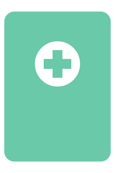 A teal-colored book or box with a white circle containing a plus sign in the center.